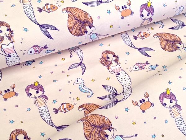 Resttück Baumwolljersey Meerestiere mit Meerjungfrau Hellrosa 50 x 150 cm